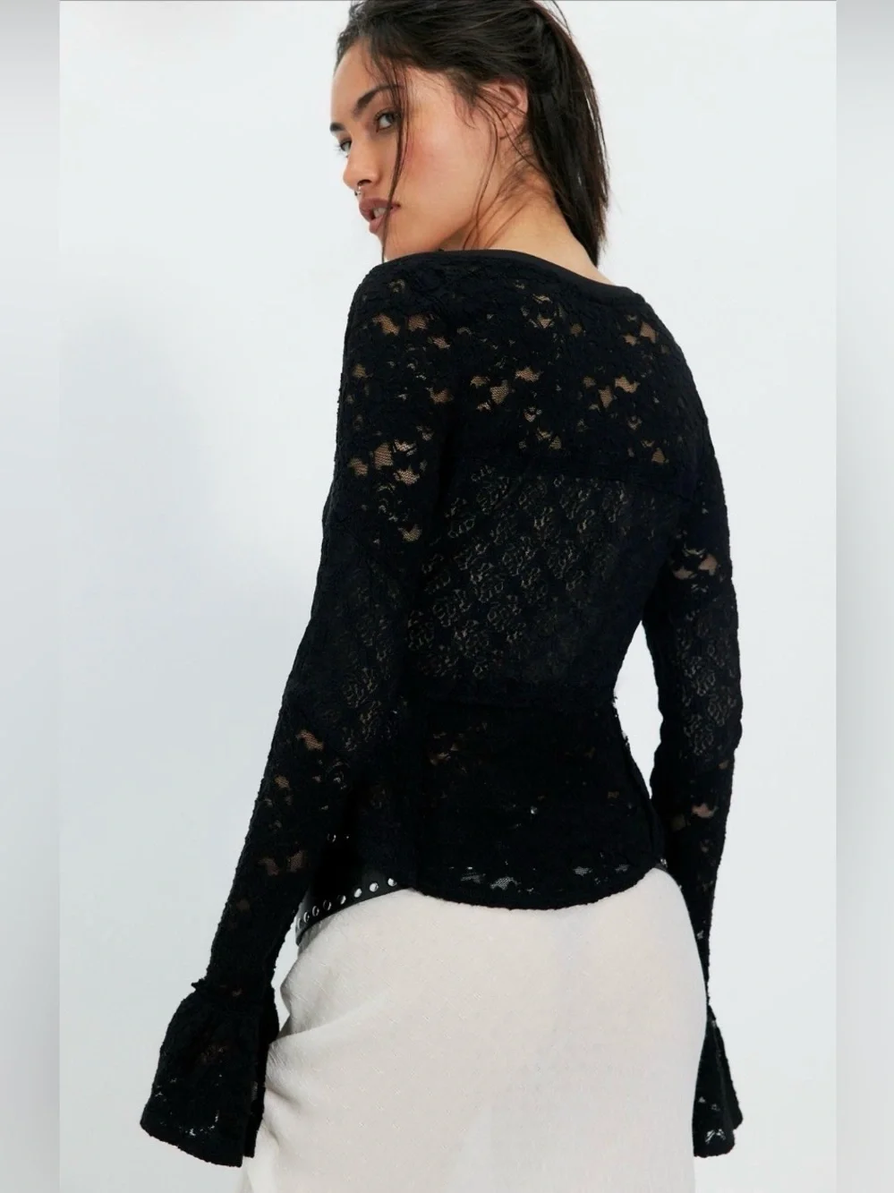 Free People Sheer Lace Flared Long Sleeve Top in Black Size XSmall NWT